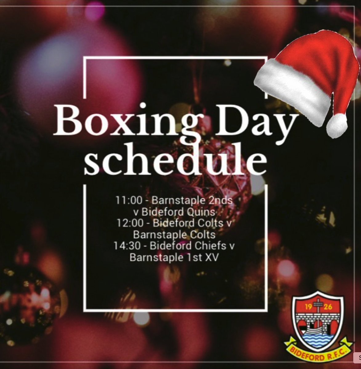Traditional Boxing Day fixtures against our good neighbours.  Get down and cheer the boys on! 🏉 🎅☃️ Both Colts and Chiefs at home. #bide #bidefordrfc #bidefordrugbyclub #bidefordvbarnstaple #boxingday #barnstaplerfc