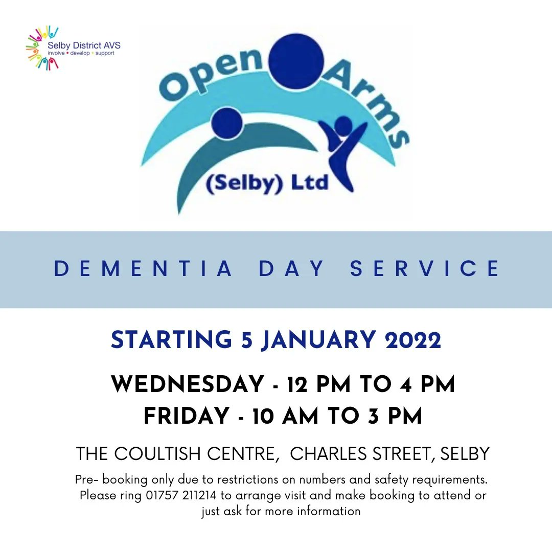 Open Arms Dementia Day Service is starting back up on Wednesday 5th January 2022. 💙

📲See what they get up to by checking out the Open Arms Selby Facebook page >>
buff.ly/3yAY5rs

📲 Or search @openarmsselby on Instagram