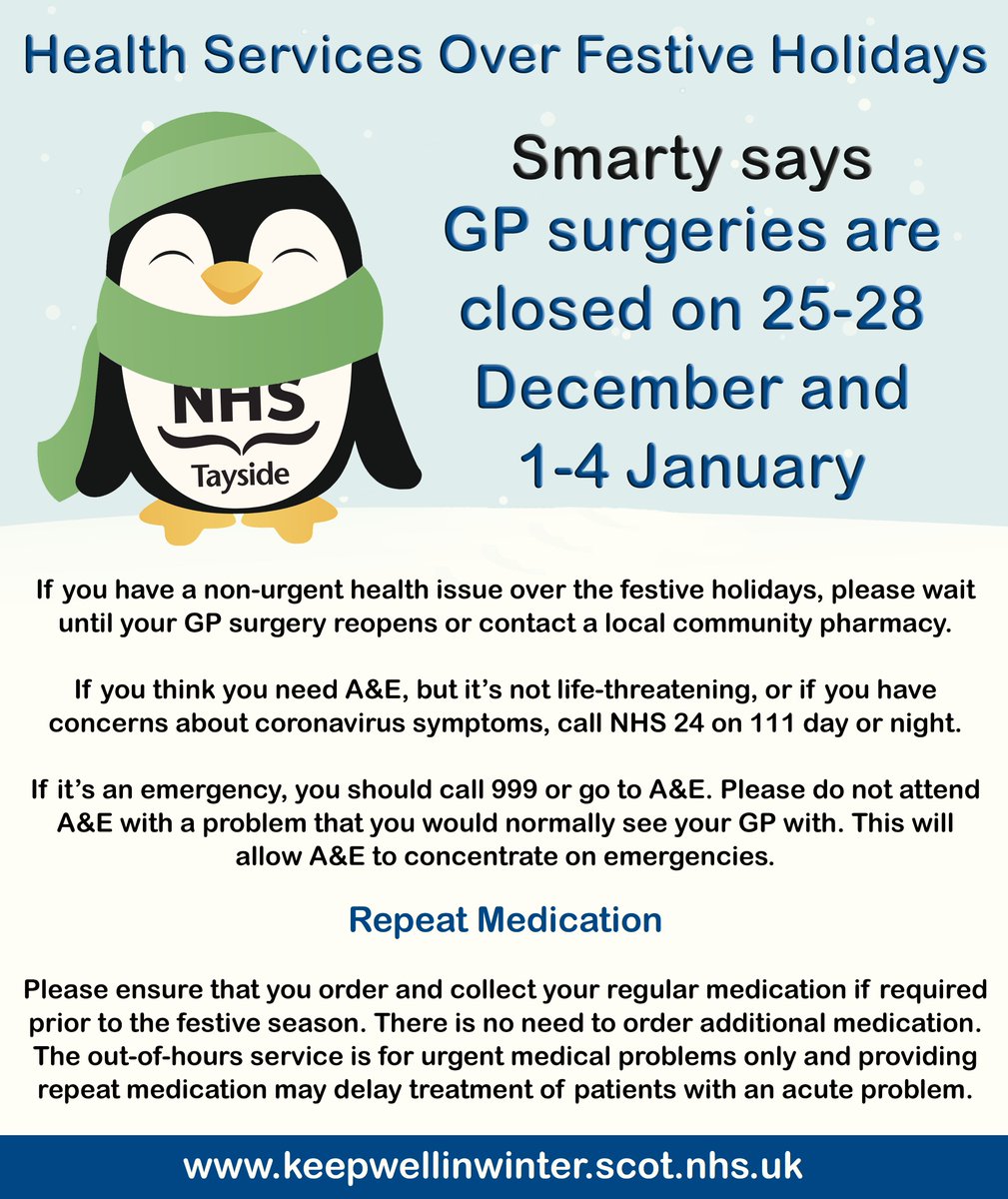 NHSTayside's tweet image. Know where to get the right care at the right time this festive season

Find out more at keepwellinwinter.scot.nhs.uk

Festive opening times for community pharmacies &amp;gt;&amp;gt; tinyurl.com/28f2hvf7