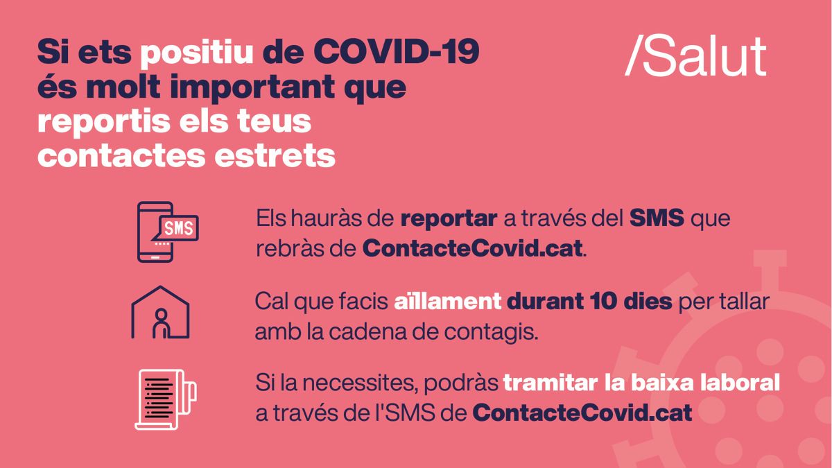salutcat's tweet photo. ⚠ Si ets un cas positiu de COVID-19:

📲 Reporta els teus contactes a través de l'SMS que rebràs de https://t.co/31VHNcvmyc 

🏠Fes l'aïllament de 10 dies per tallar la cadena de transmissió.  

🔹Pots tramitar la baixa laboral a través de l'SMS de https://t.co/31VHNcvmyc https://t.co/IKIjy79R0P