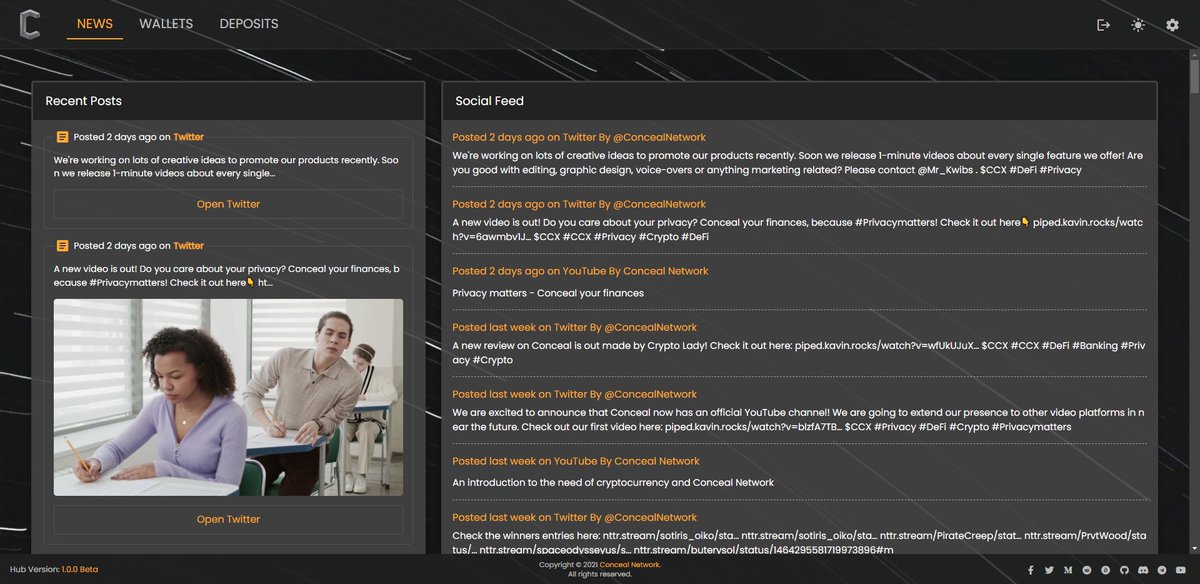 ConcealNetwork's tweet photo. Conceal Hub is just 3 days away from release!

Here are some final sneak-peaks on the 1st of Conceal Hub for both desktop version and mobile. First release has deposits, wallets &amp; news feed only.

What do you guys think about the User Interface?

$CCX #CCX #Crypto #Privacy #DeFi https://t.co/WnWO3wgeJt