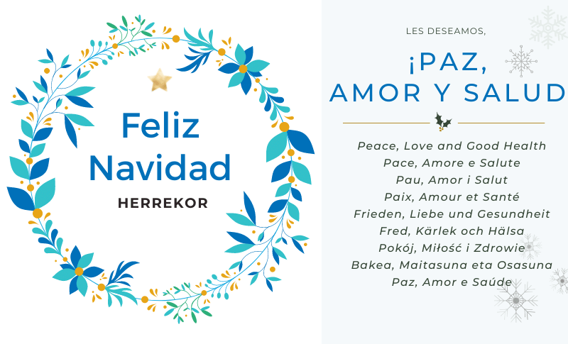 ¡Les deseamos una Feliz Navidad y un próspero Año Nuevo 2022! Y sobre todo mucha SALUD para continuar realizando JUNTOS nuevos proyectos.
Herrekor disfrutará de vacaciones de Navidad del 25 de diciembre al 2 de enero. Volveremos el día 3 de enero para atenderles con más fuerza.