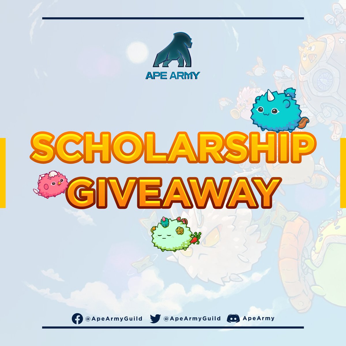 ApeArmyGuild's tweet photo. Axie Infinity Scholarship Giveaway

Hiring details:
・PAB Team
・Scholar 40%/below 1800MMR; 50% 1800MMR and above 
・Earn 700 SLP a week

Steps to Participate:
・Like &amp; RT
・Follow Us 
@P2E_Daily
@SignalsSeer

・Tag 3 Friends

#Axie
#AxieInfinity
#AxieScholarship https://t.co/Vk17eLY1fg