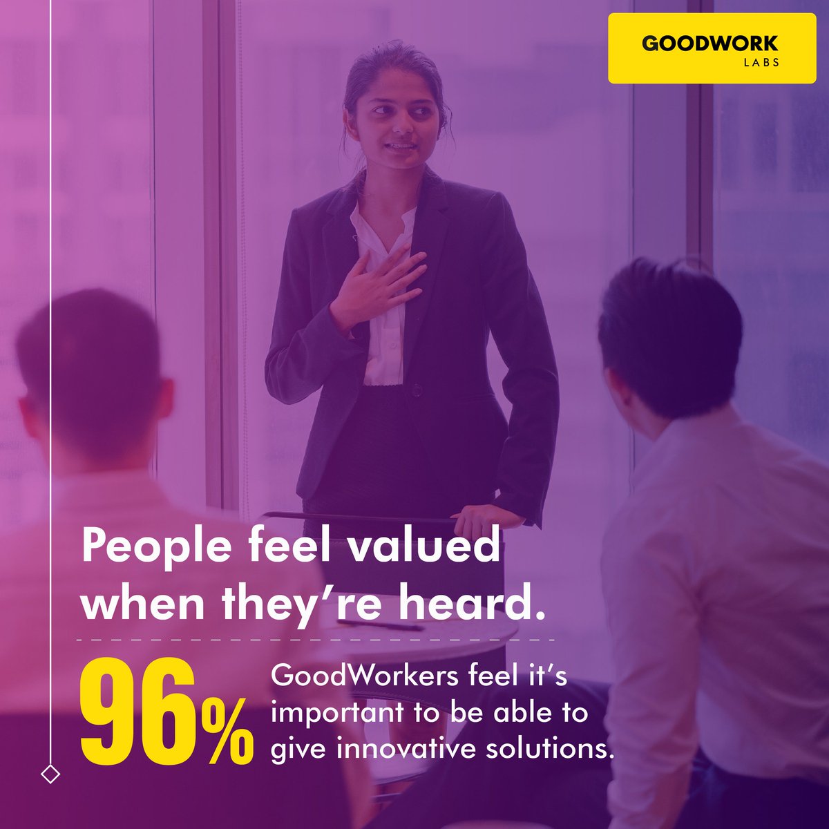 GoodWorkLabs's tweet photo. 96% GoodWorkers feel it’s important to be able to give innovative solutions. And at @goodworklabs, we make sure communication is the key. We believe in open dialogues, without the hierarchy boundaries. This helps in maintaining transparency.
#GoodWorkLabs #WorkCulture https://t.co/7UHG8MbG1O