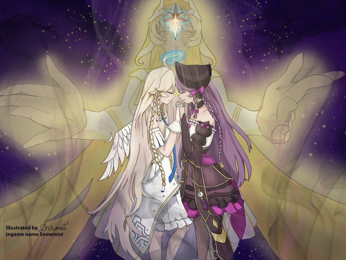 Snowmist93's tweet photo. My 2022 Fanart contest entry for #Epic7.

~Inner Peace~
The balance that makes us humans - Darkness needing Light to hope and dream, and Light needing Darkness to shine.
It's another iteration of the symbolism of Yin and Yang, two halves of the same whole.
#epic7 #epicseven https://t.co/M3kLcMSRSP