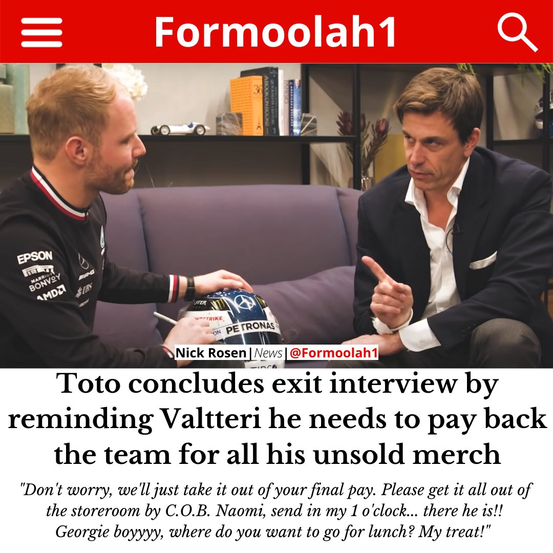 formoolah1's tweet photo. Mercedes e-commerce manager, Thom, said “We couldn’t get rid of the stuff! We tried giving it to the local homeless shelter but they looked at us like we offered them a cup of aids.
#vb77 #totowolff #valtteribottas #f1humour #f1memes #f1driver #f1 #f1jokes #f1humor #mercedesamgf1 https://t.co/MFc4oreeEL