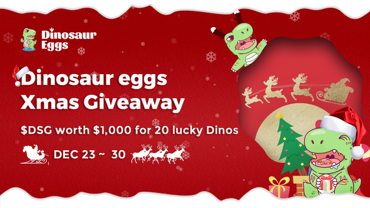 dsgmetaverse's tweet photo. 🎄 Dinosaur eggs Xmas Giveaway! 🦖
🎁 $DSG worth $1,000 for 20 lucky Dinos! 🦌

From December 23 to 30 at 9:00 GMT

➕Follow: @dsgmetaverse &amp; @Metatime_social 
👥RT &amp; @ 3+ friends
🦖Leave Xmas comments below

Good Luck &amp; Merry Xmas!🎉

#DSG #Metatime #BSC  #Giveaway https://t.co/R082immcPw
