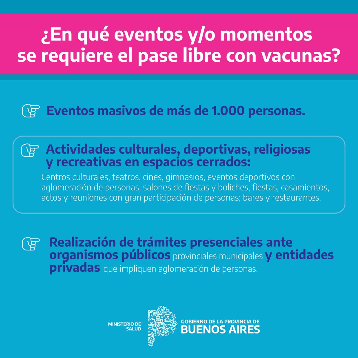 SaludBAP's tweet photo. 💉Desde hoy 21 de diciembre en toda @BAProvincia, comienza a regir el PASE LIBRE CON VACUNA para asistir a actividades con la tranquilidad de seguir cuidándonos. 
👉 Vas a poder acreditarlas con: 

✅ App Vacunate PBA, Mi Argentina y Cuidar
✅ Carnet de vacunación https://t.co/KIQmN7U0ld