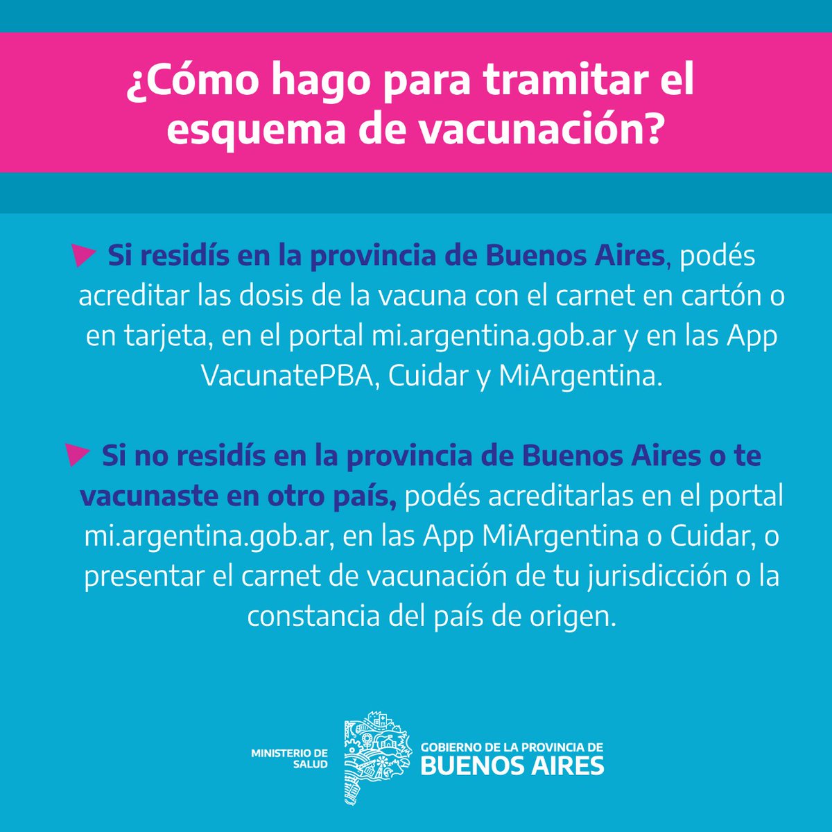 SaludBAP's tweet photo. 💉Desde hoy 21 de diciembre en toda @BAProvincia, comienza a regir el PASE LIBRE CON VACUNA para asistir a actividades con la tranquilidad de seguir cuidándonos. 
👉 Vas a poder acreditarlas con: 

✅ App Vacunate PBA, Mi Argentina y Cuidar
✅ Carnet de vacunación https://t.co/KIQmN7U0ld