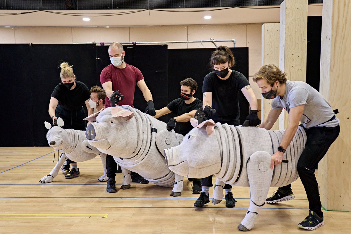 TobyOlie's tweet photo. “All animals are equal - but some animals are more equal than others”

How apt.

Here’s a glimpse inside our Animal Farm rehearsal room. A cast of over thirty life-sized animal puppets (and 14 hard-working performers) are bringing George Orwell’s novel to the stage. https://t.co/fOXObuZ8Dv