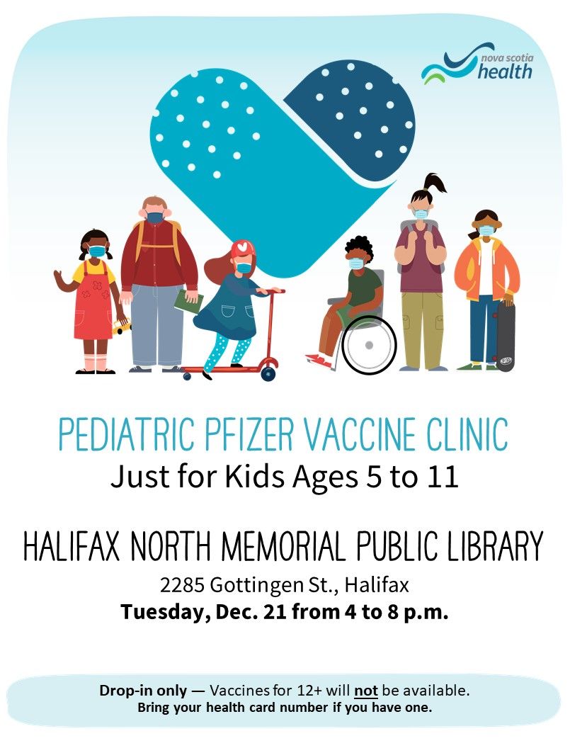 hfxpublib's tweet photo. Today, December 21, @HealthNS will be hosting a Pfizer vaccine clinic for kids ages 5-11, at #HalifaxNorth Memorial Public Library from 4:00-8:00pm. More details: https://t.co/bVXjti00E6 https://t.co/YbnVtwndlL