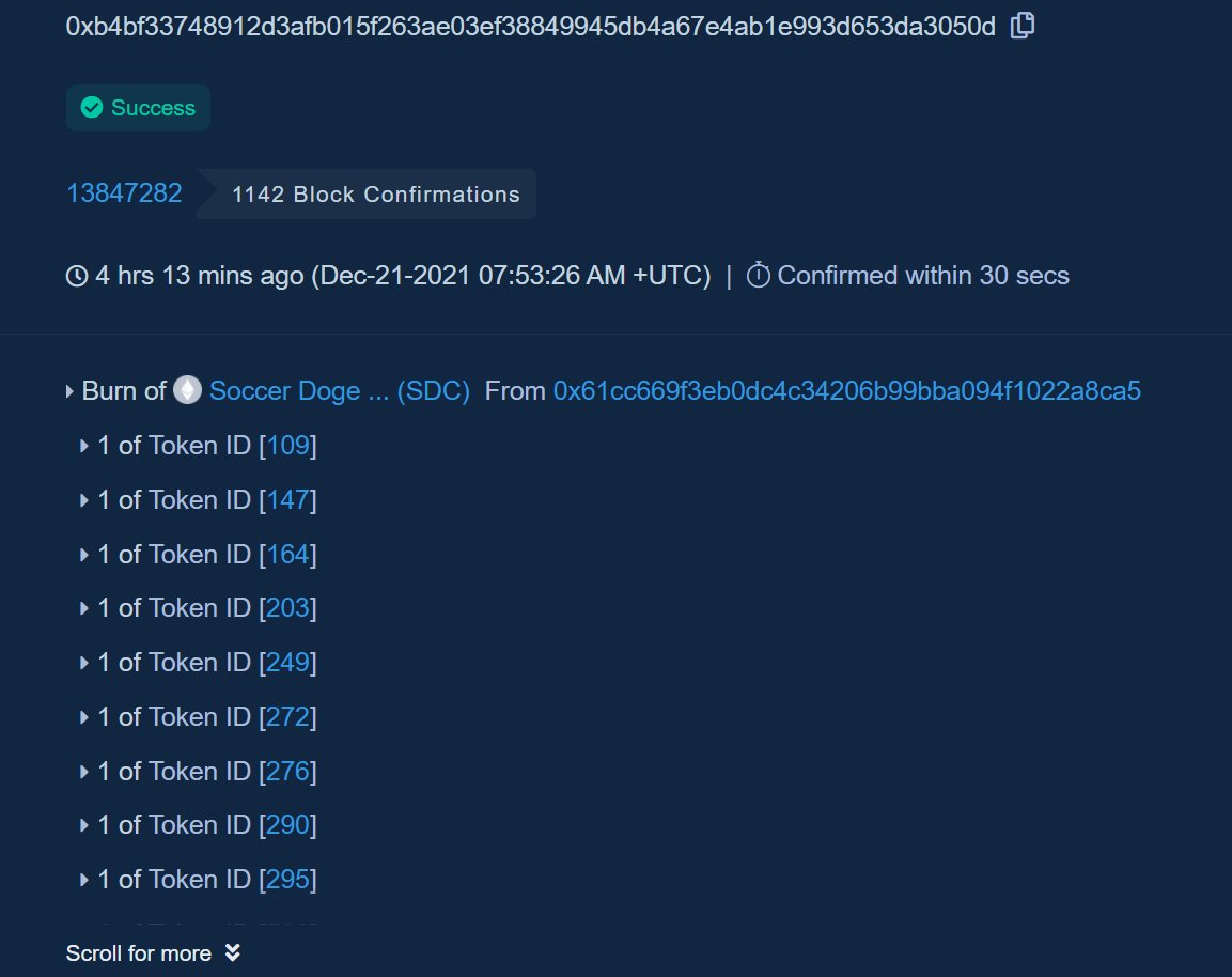 We continue to randomly burn the DOGEs we own, and the rarity of each of your DOGEs will grow.
We will apply for Blue Mark ☑️ soon to further. Verification will further increase our value ☺️
#soccerdogeclub #NFTs  #nftcollectors #NFT
