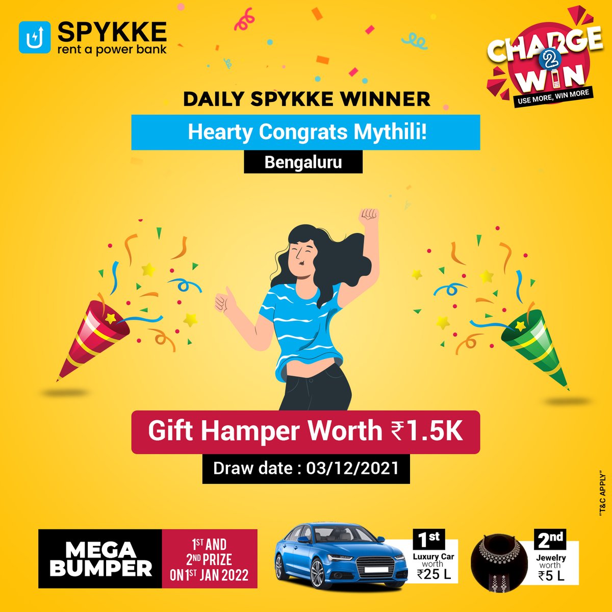 getspykked's tweet photo. TODAY’S SPYKKE WINNER
Hearty Congrats Mythili!
You’re the lucky one who won the gift hamper worth ₹1.5K
Don’t Stop Now.Spykke More
#win #winprize #contest #charge2win #competition  #love #motivation #m  #winner #giveawaycontest #spykke #getspykked #igotpsykked #charge2win https://t.co/T3LCANELRj