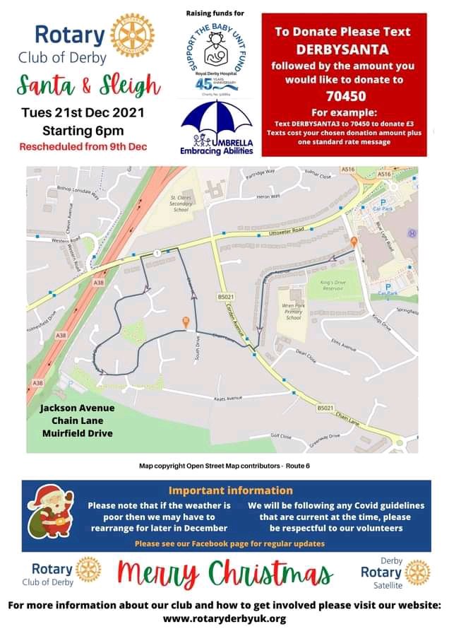The Rotary Club of Derby, UK (@rotaryderby) on Twitter photo Weather's holding up nicely for another sleigh ride for Santa tonight. Supporting <a href="/UmbrellaDerby/">Umbrella Derby</a> and @of_derby. Jackson Avenue, Chain Lane and Muirfield Drive Weather's holding up nicely for another sleigh ride for Santa tonight. Supporting <a href="/UmbrellaDerby/">Umbrella Derby</a> and @of_derby. Jackson Avenue, Chain Lane and Muirfield Drive