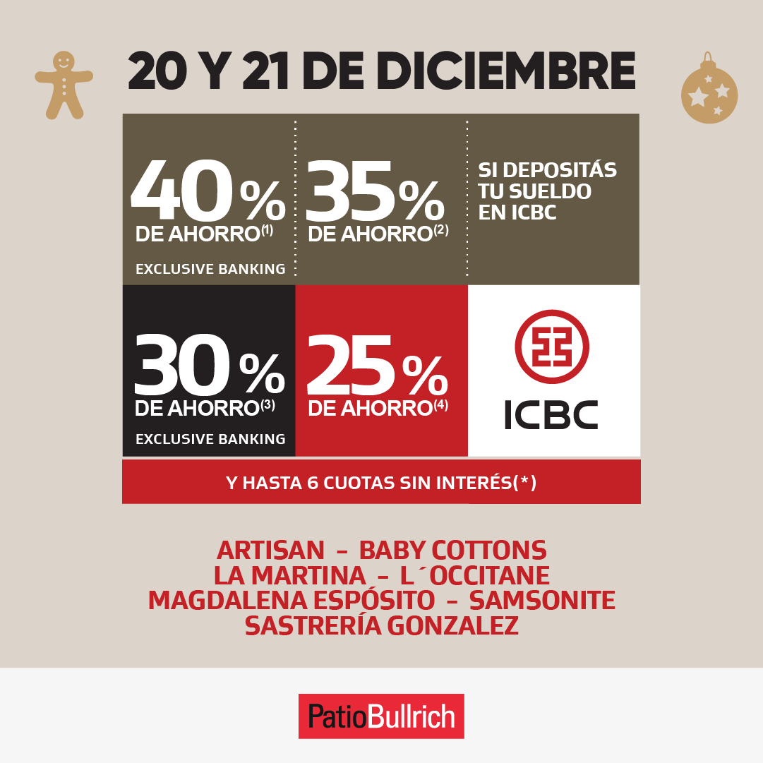 elpatiobullrich's tweet image. Hoy aprovechá hasta 40% de descuentos con tus tarjetas de @icbc y hasta 6 cuotas sin interés ✨🎄
