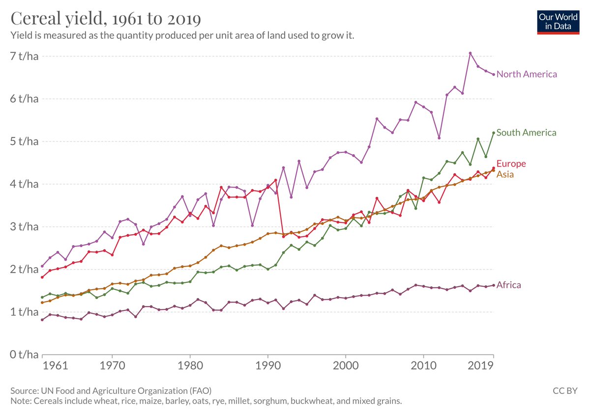 _HannahRitchie's tweet photo. 🌾Increasing crop yields across Sub-Saharan Africa: one of our most pressing challenges in the coming decades.

[Explore by crop &amp; country in our new @OurWorldInData Global Food Data Explorer: https://t.co/iVnwFQNANY] https://t.co/riVmBiLEgu