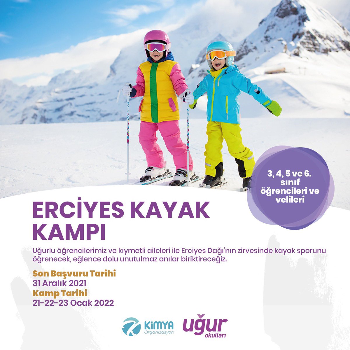 Lise Kademesi 9.10.11. Sınıf öğrencilerimizle Uludağda,
İlkokul 3.4. sınıf ve ortaokul 5.6. sınıf  öğrencilerimiz ve aileleri ile Erciyes Kayak Kampımızda buluşmaya hazırız.