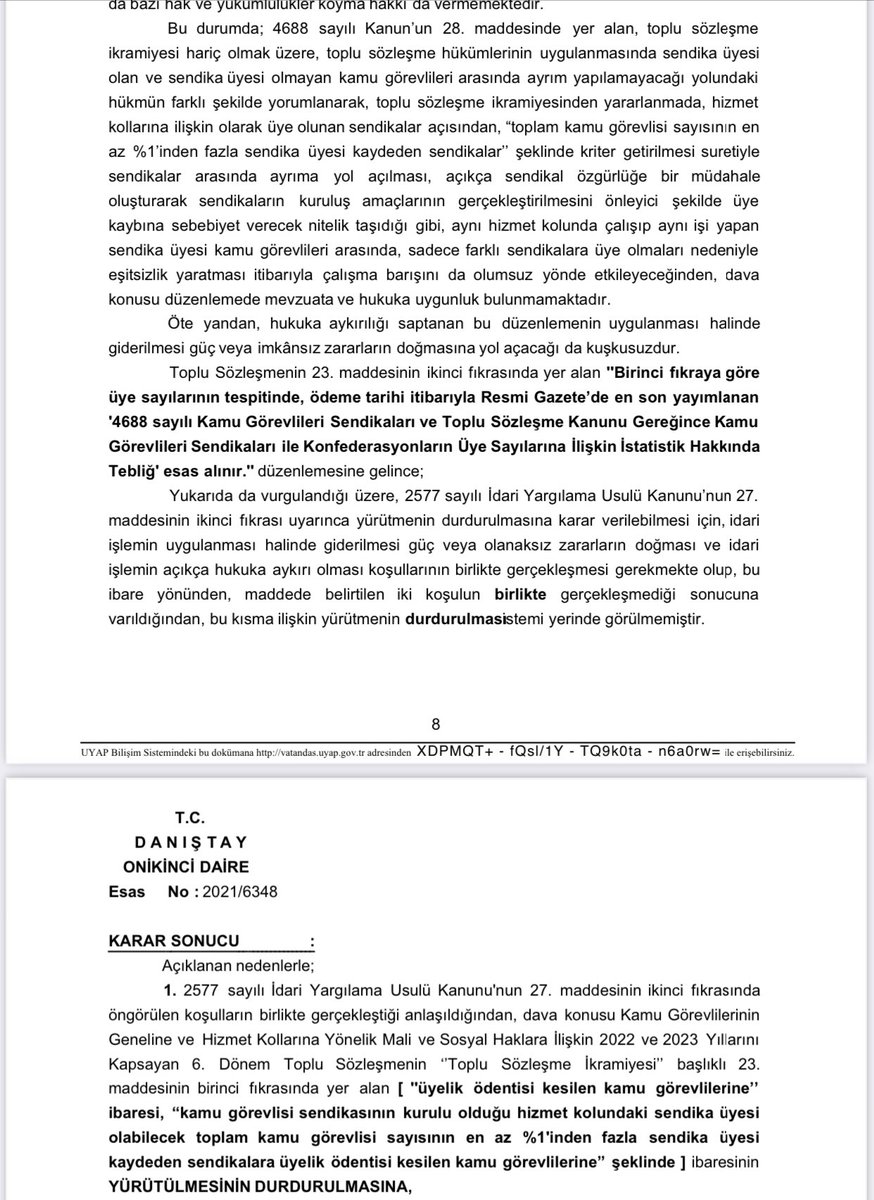 Yüce Türk Yargısı kararını verdi. Hayırlı olsun. Emek veren herkese sonsuz teşekkürler.

Danıştay Mahkemesince 6. Dönem Toplu İş Sözleşmesinde Kanuna Aykırı Olarak konulan %1 sendikal barajına YD kararı.
400 LİRA SENDİKA İKRAMİYESİNDEN TÜM SENDİKA ÜYELERİ YARARLANACAKTIR.