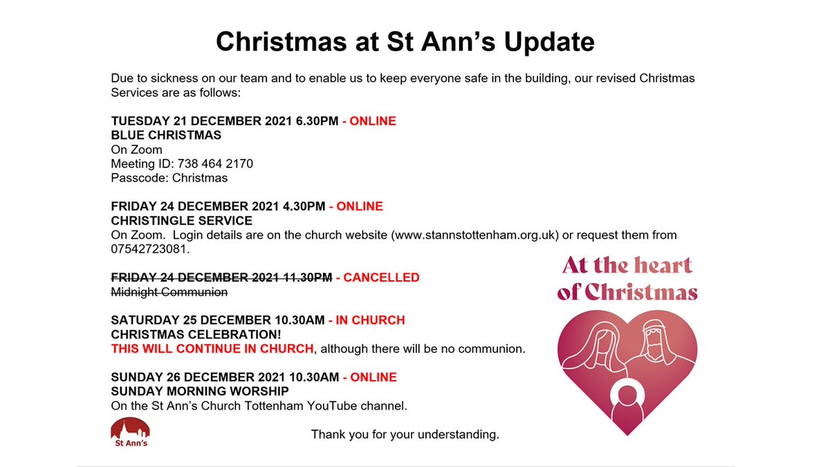 Our Christmas plans have changed! See the updated schedule below.

(This is due to staff sickness and needing to keep everyone safe whilst in the building.  Sorry for the short notice.  Thank you for your understanding.)