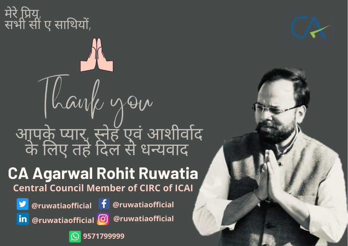 ruwatiaofficial's tweet photo. Thanks a lot every member of ICAI from the bottom of my heart for the trust &amp; love bestowed on me in electing youngest Central Council Member of ICAI.

#ARRCCM #BALLOTNO1 #ICAIElections #TeamARR https://t.co/zFvjDBErhB