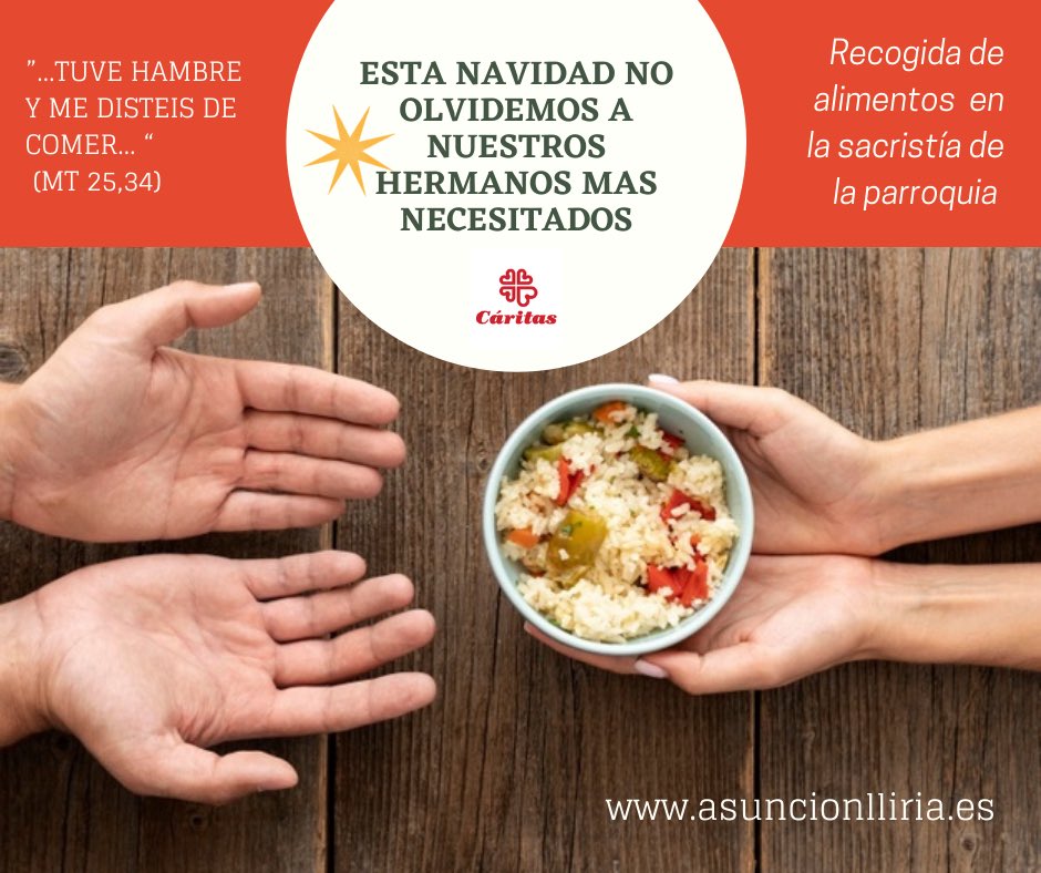 La #Navidad es tiempo de compartir.
Por eso en nuestra <a href="/AsuncionLliria/">Parroquia Asunción - Llíria</a> estamos recogiendo alimentos no perecederos para distribuir entre aquellas personas que más lo necesitan. Puedes dejarlos en la sacristía parroquial. 
Gracias por tu generosidad. 
#FelizNavidad ✨