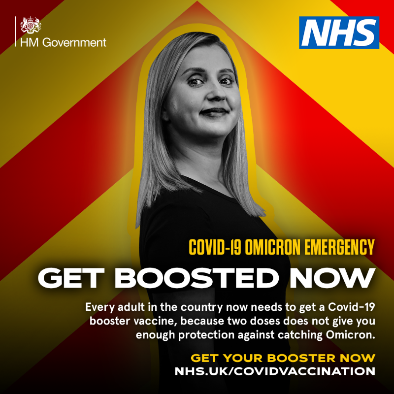NHSuk's tweet photo. Every adult in the country now needs to get a Covid-19 booster vaccine, because two doses does not give you enough protection against catching Omicron.
