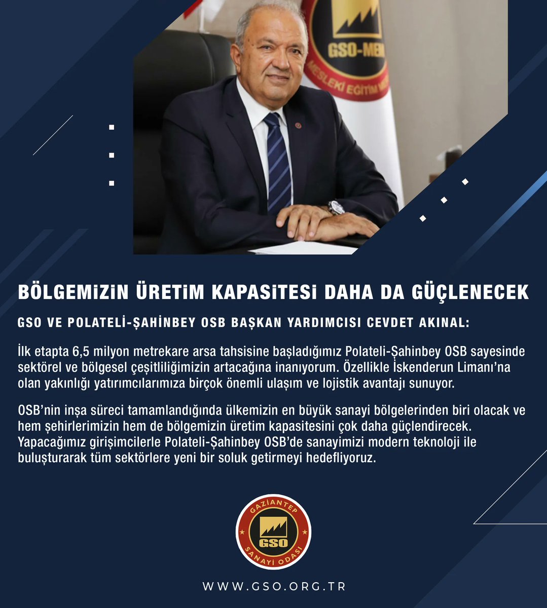 🗣️ Ünverdi: Polateli-Şahinbey OSB, tüm bölgenin zenginleşmesinde büyük rol üstlenecek ve Türkiye sanayisinde yeni bir sayfa açacak.

🗣️ Akınal: Polateli-Şahinbey OSB'de sanayimizi modern teknoloji ile buluşturarak tüm sektörlere yeni bir soluk getirmeyi hedefliyoruz.