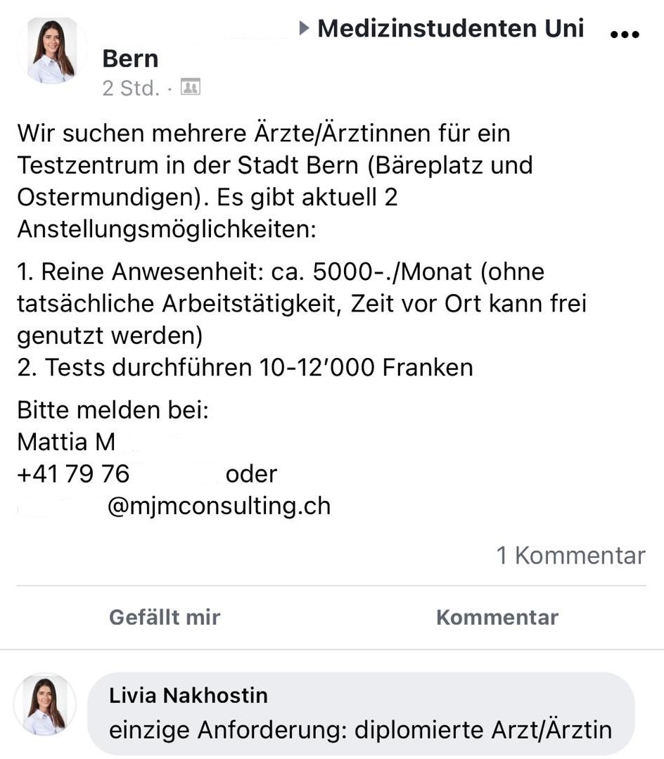 Bitte <a href="/BAG_OFSP_UFSP/">BAG – OFSP – UFSP</a> oder <a href="/kanton_bern/">Kanton Bern</a> oder <a href="/spschweiz/">SP Schweiz</a> <a href="/GrueneCH/">GRÜNE Schweiz</a> <a href="/SVPch/">SVP Schweiz</a> <a href="/FDP_Liberalen/">FDP Schweiz</a> <a href="/Mitte_Centre/">Die Mitte – Le Centre</a> sagt mir, dass das Fake ist und ihr nicht solche Löhne fürs nichts tun (1) oder Stäbchen in Nase stossen (2) zahlt. 

<a href="/Blickch/">Blick</a> <a href="/NZZ/">NZZ</a> <a href="/tagesanzeiger/">Tages-Anzeiger</a> <a href="/SRF/">SRF</a> #srfarena