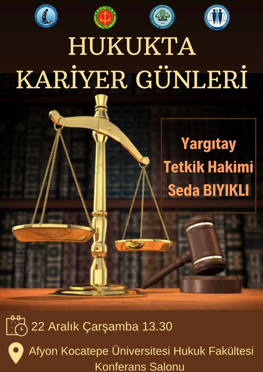 Arkadaşlar merhaba. "Hukukta Kariyer Günleri" kapsamında 22 Aralık Çarşamba günü saat 13.30’da Yargıtay Tetkik Hakimi Seda Bıyıklı'nın konuşmacı olacağı konferansımıza hepiniz davetlisiniz. ☺️