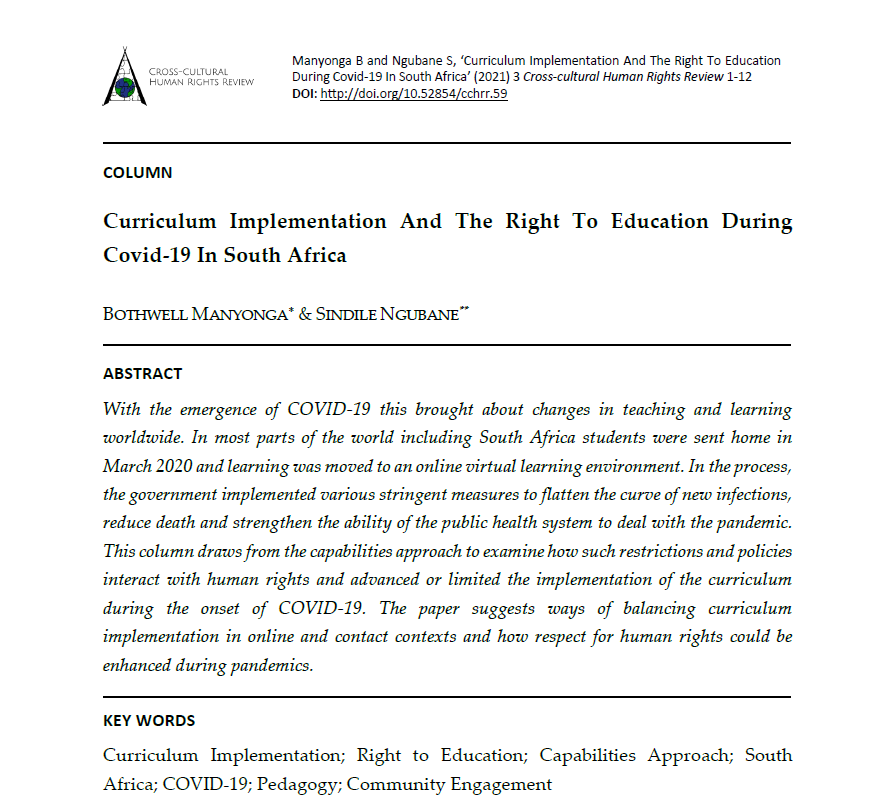 CCHRReview's tweet photo. 🗣️🗣️Bothwell Manyonga and Sindile Ngubane argue for the importance of applying the #capabilitiesapproach in #curriculum implementation during COVID-19.
➡️Read now https://t.co/ZItDvNGSwd
#OpenAccess #AcademicJournal #CurriculumImplementation #RighttoEducation #SouthAfrica https://t.co/wOxNtQiqar