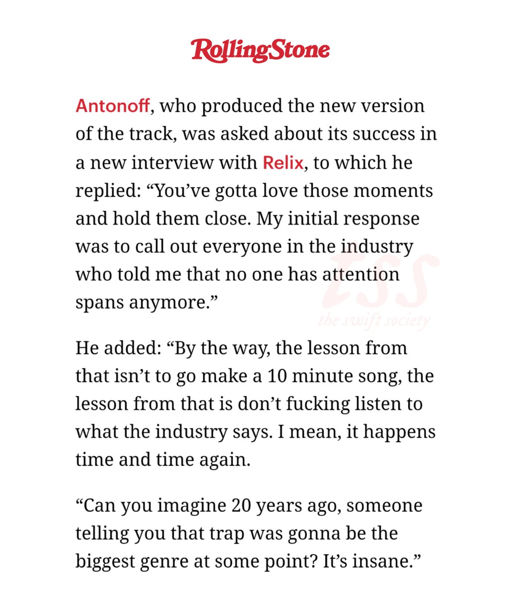 TheSwiftSociety's tweet photo. 💬| @JackAntonoff on the success of "All Too Well (10 Min Version)" by @TaylorSwift13

"The lesson from that isn’t to go make a 10 minute song, the lesson from that is don’t 𝘧𝘶𝘤𝘬𝘪𝘯𝘨 listen to what the industry says. I mean, it happens time and time again." https://t.co/zskMQGok13