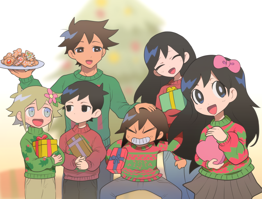 green sweater multiple boys gift multiple girls pink bow smile long hair  illustration images