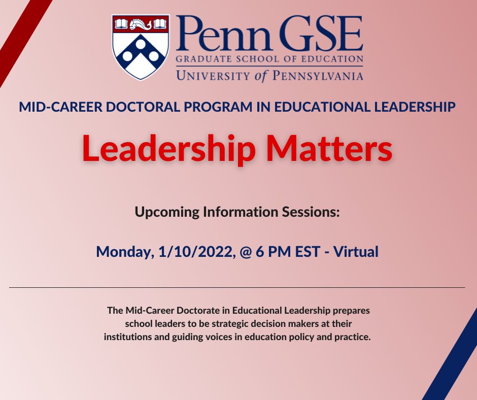 #Educators, learn more about being an Ed.D. student <a href="/PennGSE/">Penn GSE</a>'s Mid-Career Doctoral Program in #edleadership 🤔 Take the first step toward a life-changing experience and register for a program information session! #K12 #principals #superintendents
bit.ly/3yISLCB