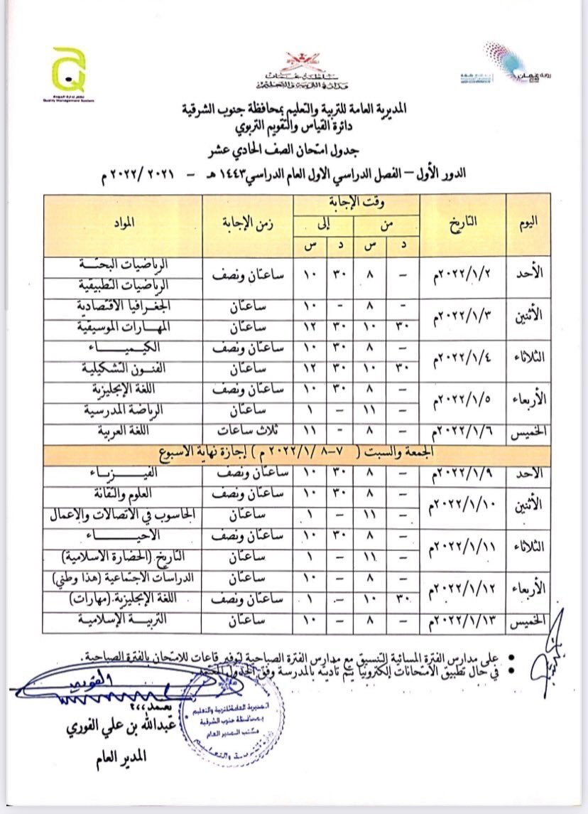 جدول اختبارات النهائية سلطنة عمان 2021/2022 جداول الاختبارات من الصف الخامس إلى الثاني عشر عمان 2022 للفصل الدراسي الثاني