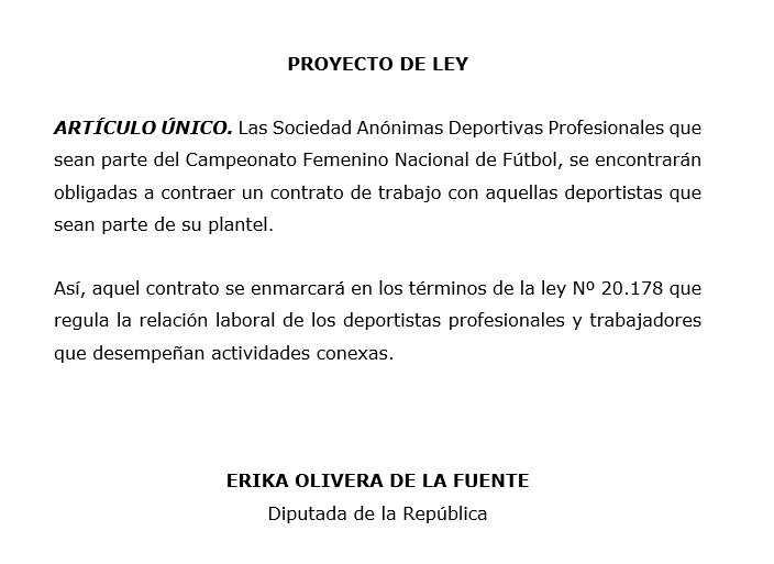maria_viloria's tweet photo. Por eso, el Proyecto de Ley propone la contratación de las jugadoras que participen en el Campeonato Femenino Nacional del Fútbol en los términos de la Ley 20.178, sobre deportistas profesionales: https://t.co/UOclkeLOah