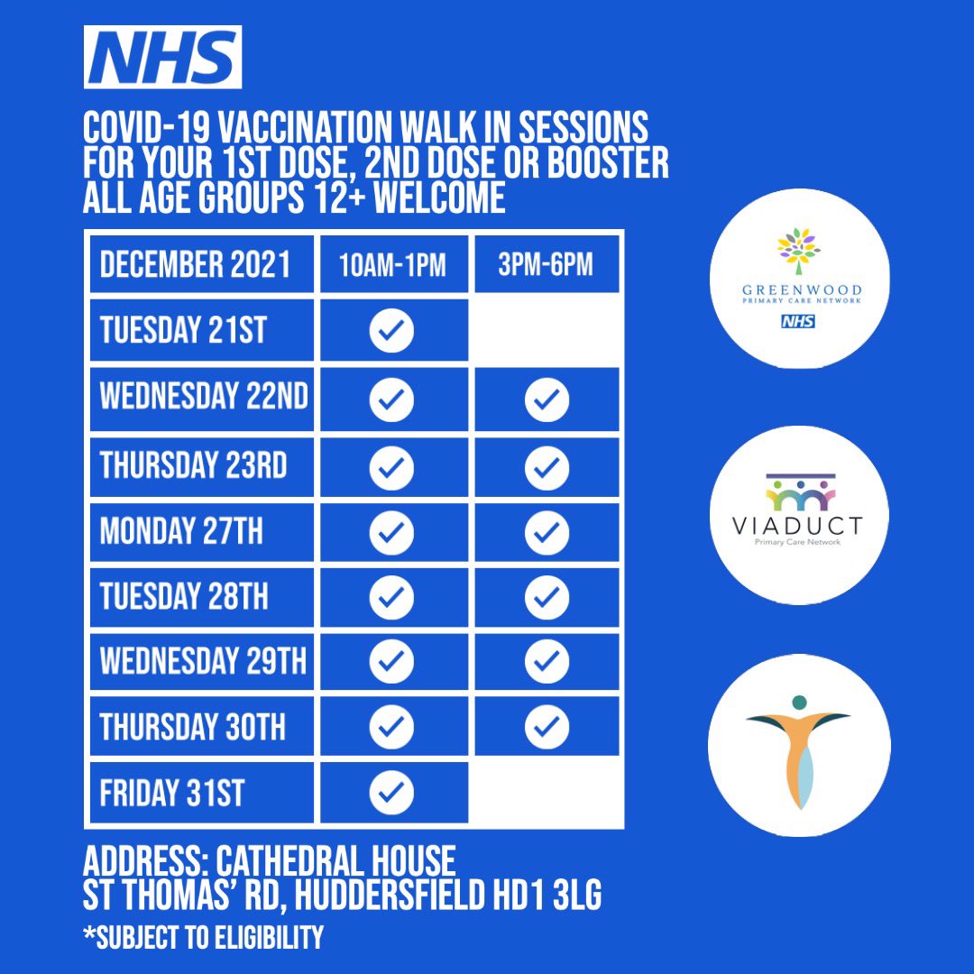 Our clinics at Cathedral House #huddersfield are open for walk ins. If you’re due your #1stdose #2nddose or #Booster come on down. Open to all ages from 12+ @NHSKirklees <a href="/KirkleesCouncil/">Kirklees Council</a> <a href="/KirkleesComPlus/">Kirklees Community Plus</a> <a href="/ViaductPCN/">Viaduct PCN</a> <a href="/tolsonpcn/">Tolson Care Partnership PCN 💙</a> <a href="/NHSEngland/">NHS England</a> <a href="/WYpartnership/">West Yorkshire Health and Care Partnership</a>