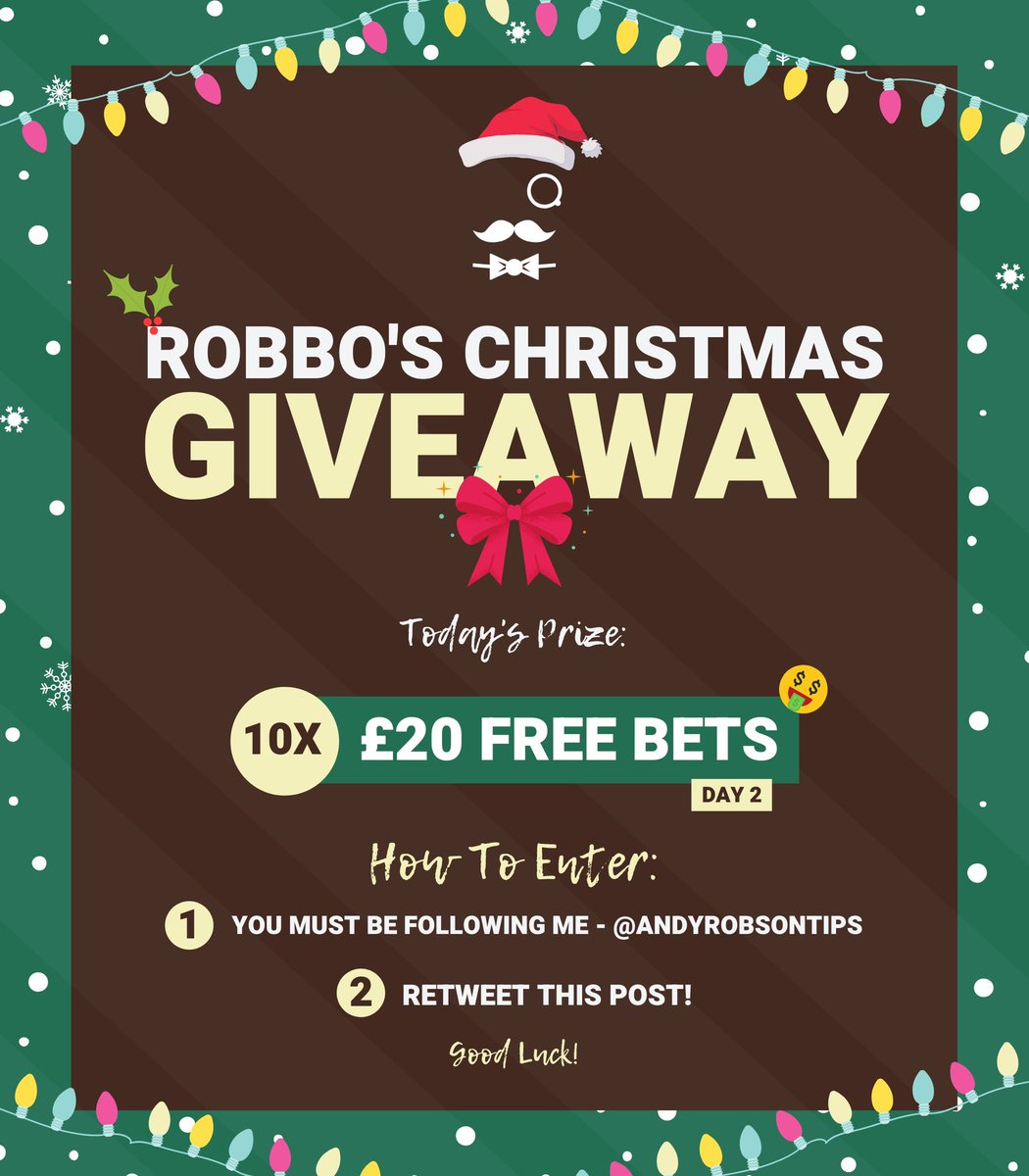 🎅🏼 CHRISTMAS GIVEAWAY DAY 2 🎁 £200 of Free Bets! To enter: 1️⃣ Follow me @AndyRobsonTips 2️⃣ Retweet this tweet Simple enough. The 10 winners could use the bets to start my new year £10 to £1,000 challenge too… 🚂👀