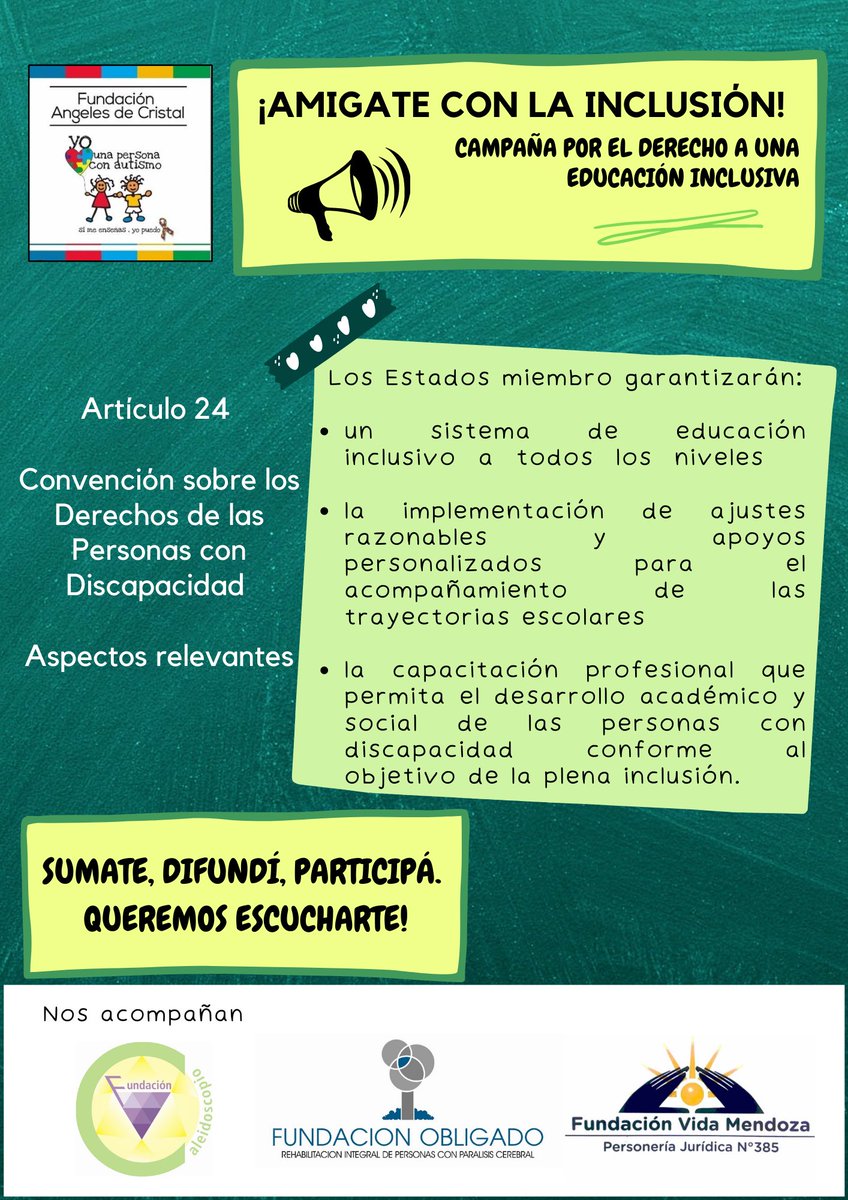 valeriamazza's tweet photo. Hola! Como Madrina de @fedefa2015 les cuento la Campaña #AmigateConlaInclusión de @FundAngCristal1. El objetivo es visibilizar las dificultades de acceder a la educación para las niñas, niños, y adultos con discapacidad. https://t.co/BBv2eWUjeX #AmigateConLaInclusión https://t.co/Z48FHKKoIf