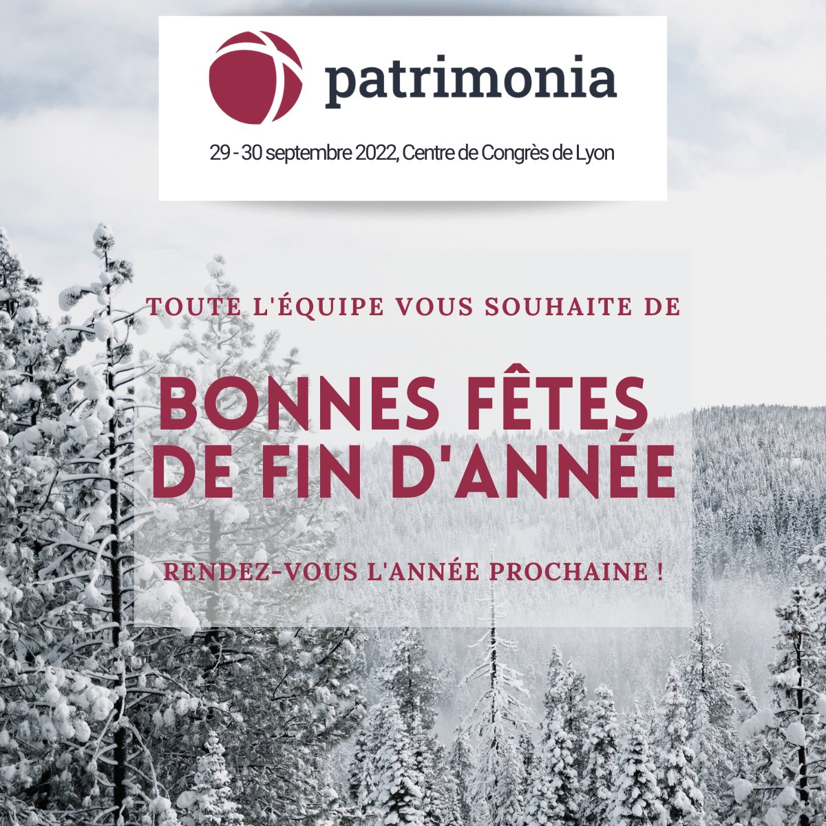 Toute l’équipe Patrimonia vous souhaite de belles fêtes de fin d’année. Nous remercions tous ceux qui nous ont accompagné durant cette année 2021 : associations, partenaires-exposants, congressistes, intervenants, médias… et avons déjà hâte de vous retrouver en 2022 !