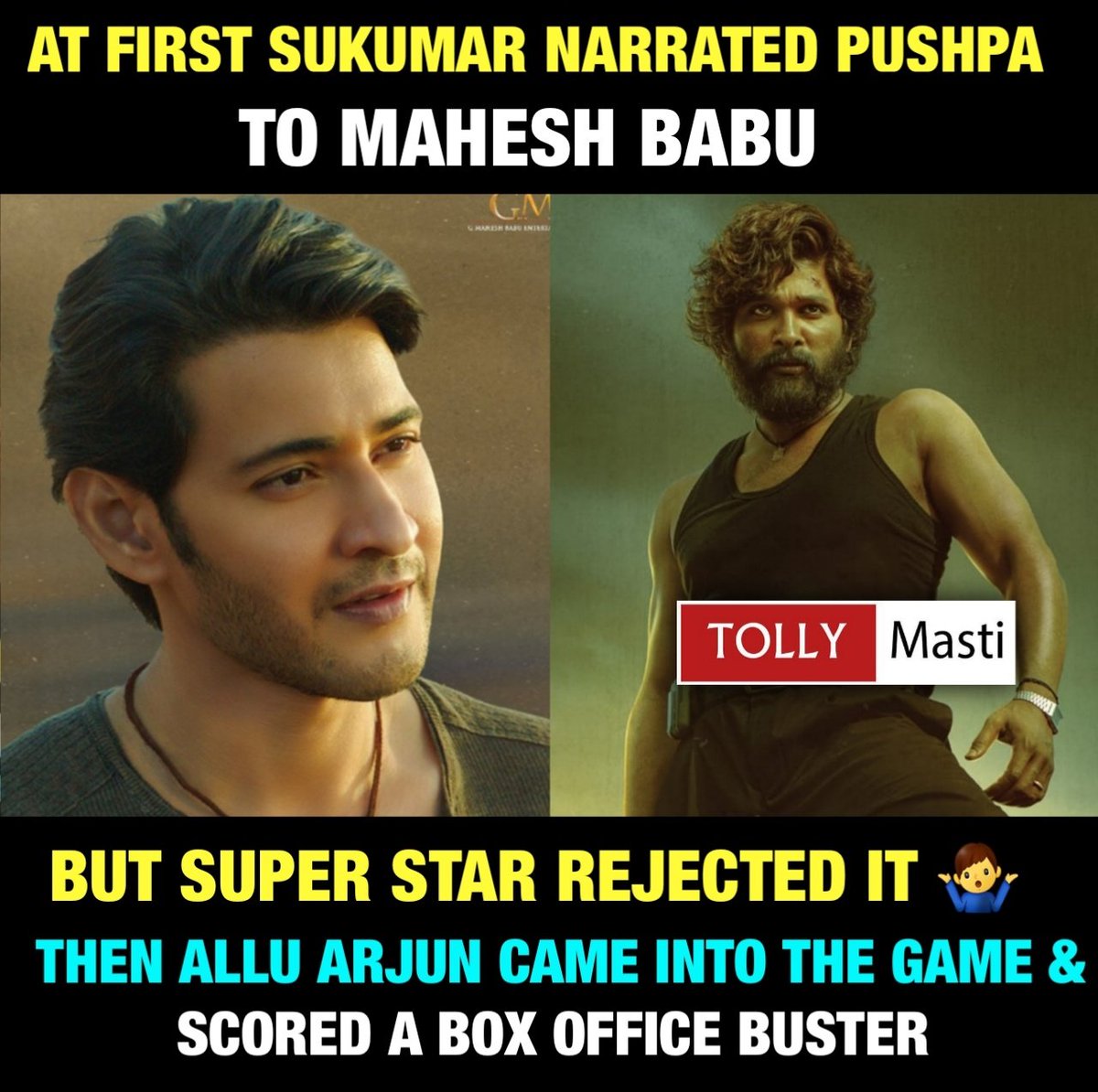 tollymasti's tweet photo. Good decision from MB maku telsina antha varaku.. Because this role is completely contrasting to his lover boy image &amp; what he did before 🤷‍♂️😊 @tollymasti #tollymasti
.
.
#Pushpa #SarkaruVaariPaata #PushpaTheRiseInTheatres #MaheshBabu #AlluArjunArmy #AlluArjun #Superstar https://t.co/Y7A2Xaiszf