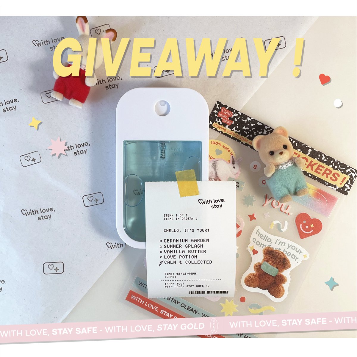 withlovestay_'s tweet photo. - ̗̀ opening giveaway!   ̖́-
⭐️ แจกสเปรย��แอลกอฮอล์ เลือกกลิ่นเองได้เลย
essential kit 1 set 
( 1 spray + 1 sticker sheet )
[ RT ONLY! 🤍 ] https://t.co/wcwtSRBEMc