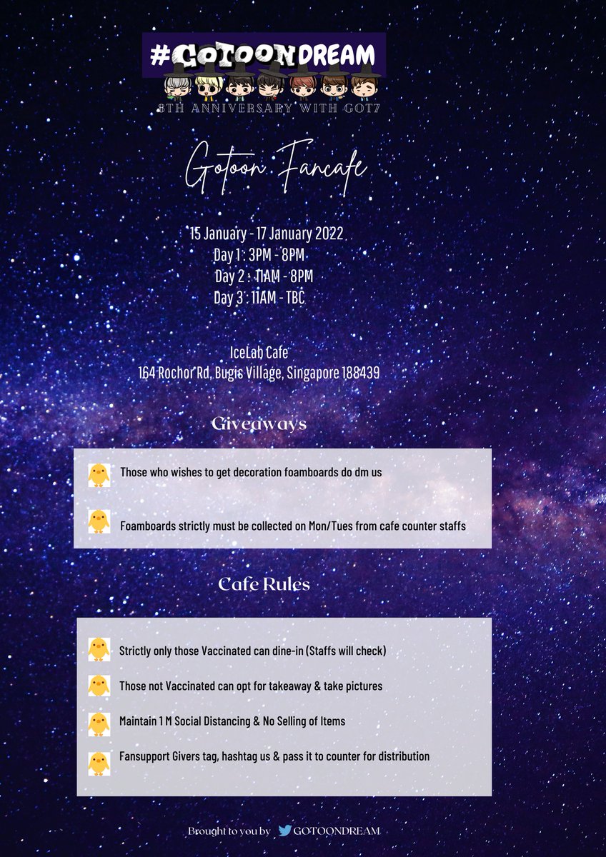 GOTOONDREAM's tweet photo. 🦜7 Or Nothing🦜

📅15-17 Jan 2022
 📍Ice Lab Bugis
🕑Day 1 : 3pm - 8pm 
🕑Day 2 : 11am - 8pm 
🕑Day 3 : 11am - TBC

#GOTOONDREAM #GOT7 #GOT7FOREVER  #JAYB #MarkTuan #JacksonWang  #Jinyoung  #Youngjae #bambam #Yugyeom #갓세븐 #GOT7Encore https://t.co/bHqOkGxXYp