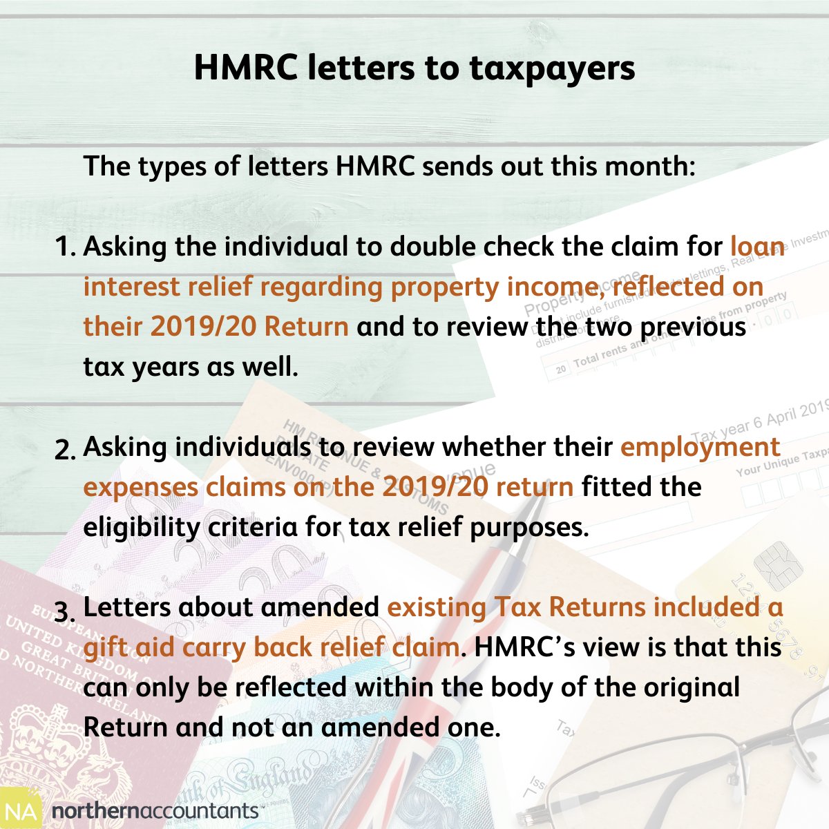 northernacc's tweet photo. ❗️ HMRC letters to taxpayers ✉️

A quick information post about the letters HMRC will be sending out to taxpayers this month - see below for types to expect 👇

If you need any assistance or if there is anything else we can help you with, please do not hesitate to contact us. 📞 https://t.co/8uzpi2cIWU