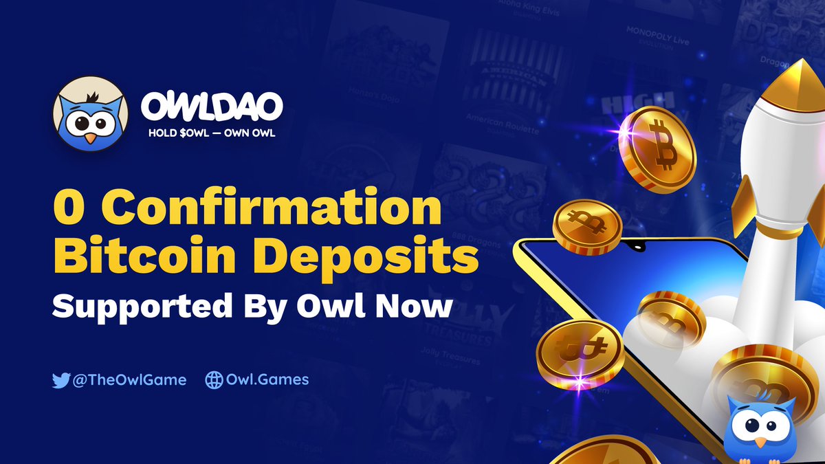 OWLDAOio's tweet photo. ❔ Bitcoin 0 Confirmation Deposits?
✅ Only with Owl !!!
Enjoy the newest feature added to our platforms! Deposits with #BTC at a speed of light! ₿❤️🦉
🎰 https://t.co/zXqXBeI9R9
#OwlDAO #BitcoinSlots #BitcoinGames #OwlGames https://t.co/TQLlN4ICZt