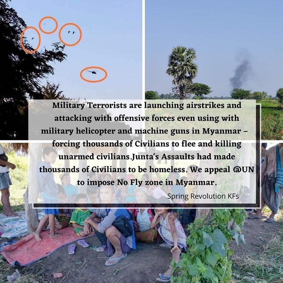 nslwin's tweet photo. Unarmed civilians in rural areas are being killed by brutal attacks of SAC Terrorists, including airstrikes.

We appeal to @UN to impose #NoFlyZoneInMyanmar in Myanmar as soon as possible. Many civilians are fleeing from houses and becoming homeless refugees due to airstrikes. https://t.co/xGidlrkVm4