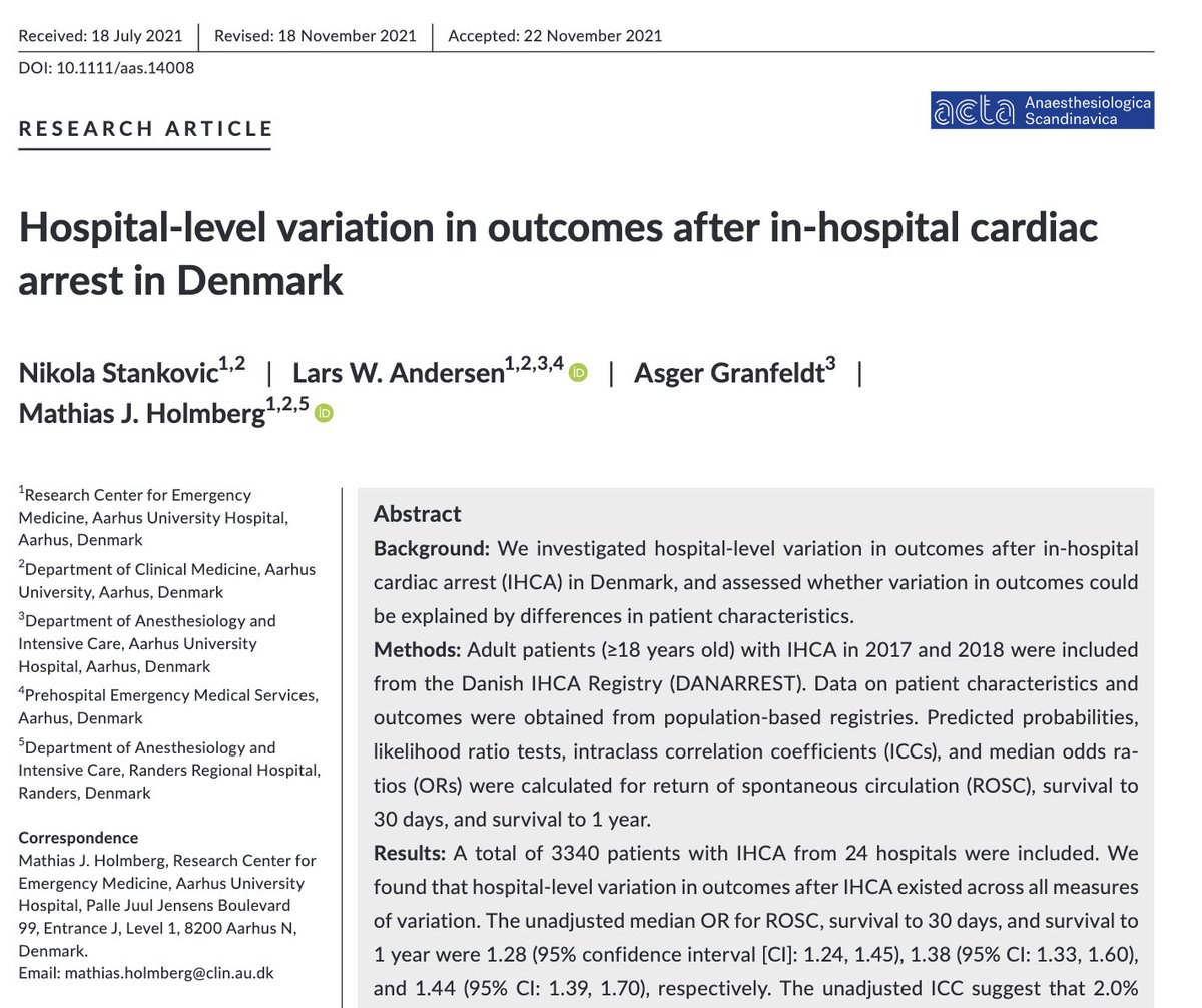 RECEM_CFA's tweet photo. In this 📝, outcomes after in-hospital cardiac arrest varied across hospitals in Denmark.
However, most of the total individual variation in outcomes was attributable to patient-level variation.

🔗https://t.co/nhodRi0hkp
@nikostanko @LarsWAndersen1 @AsgerGranfeldt @mathiasholmb https://t.co/lvGmbr2XwF