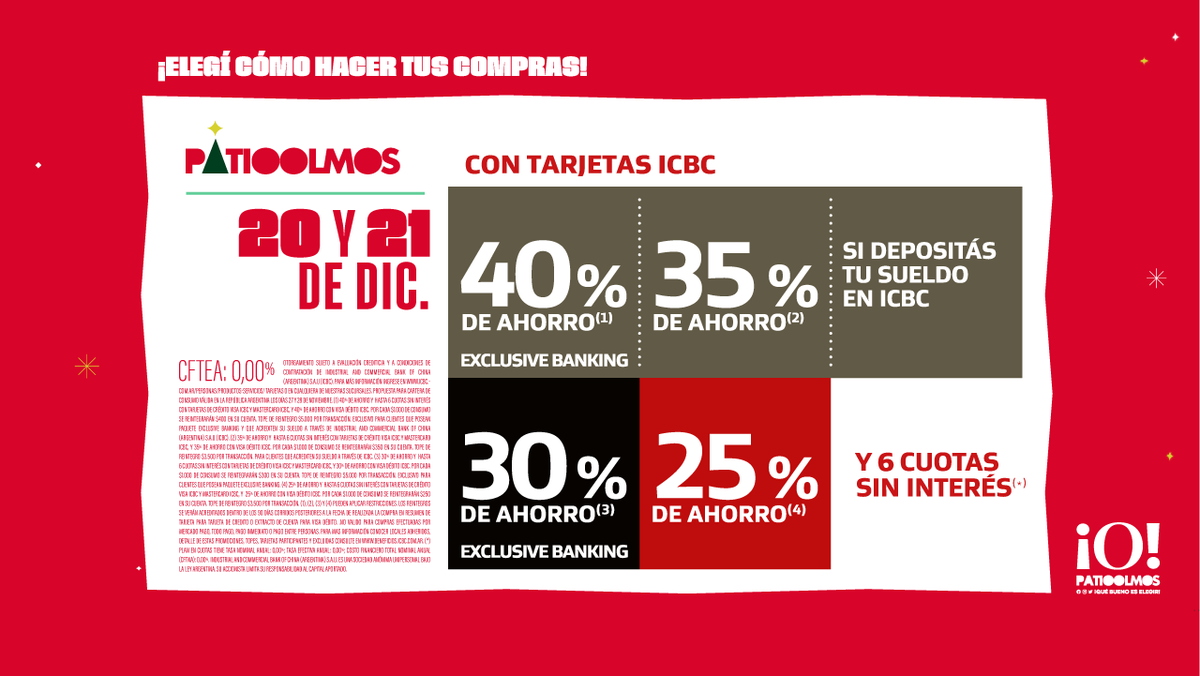 20 y 21 de DIC.
Promo especial de <a href="/ICBCArgentina/">ICBC Argentina</a> en #PatioOlmos 🎁🎄

Locales adheridos en patioolmos.com/oferta/icbc/
