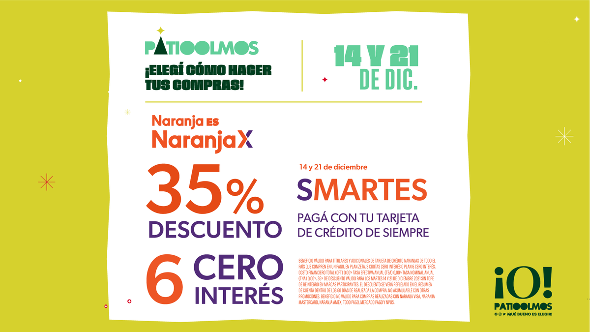 14 &amp; 21 de diciembre 👇
Especial Smartes de <a href="/NaranjaX/">Naranja X</a> en #PatioOlmos 🧡
Más info y locales adheridos en patioolmos.com/oferta/smartes…