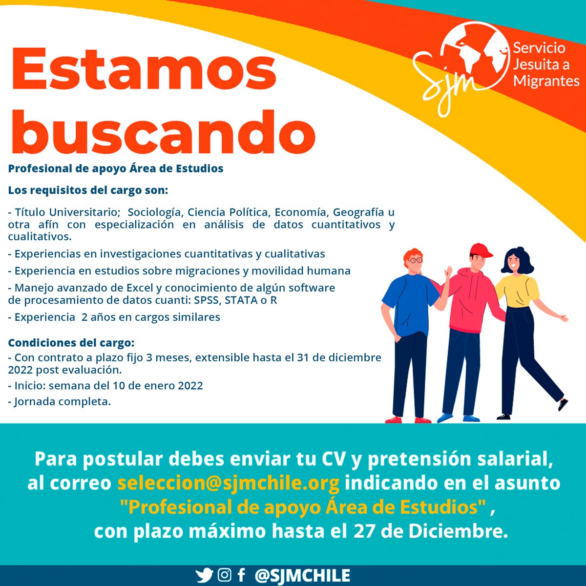 👀Atención: Buscamos profesional de apoyo para nuestra área de Estudios. Revisa el perfil de cargo, requisitos, condiciones y postula hasta el 27/12. #HayPega #Sociologia #geografia #datos