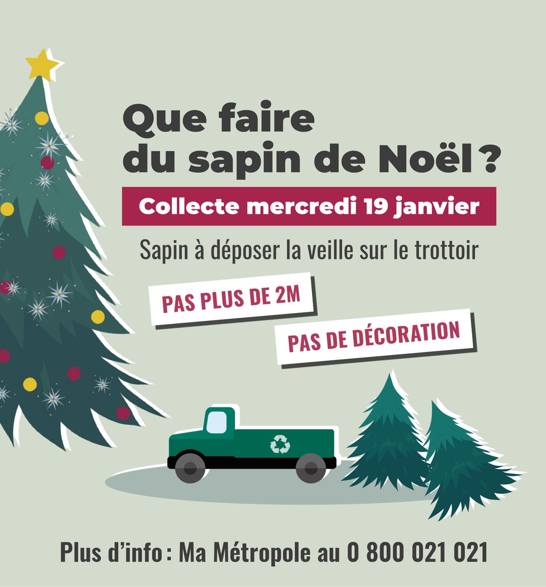 Petit_Quevilly's tweet image. Que faire du sapin de Noël ? 🎄
Rassurez-vous, vous pourrez profiter encore un peu de votre arbre de Noël car la collecte aura lieu le 19/01 ! 
&amp;gt; 2 mètres maximum 
&amp;gt; Sans décoration
&amp;gt; Supports en bois et sacs à sapin acceptés
💡 Pensez à le déposer la veille sur votre trottoir !